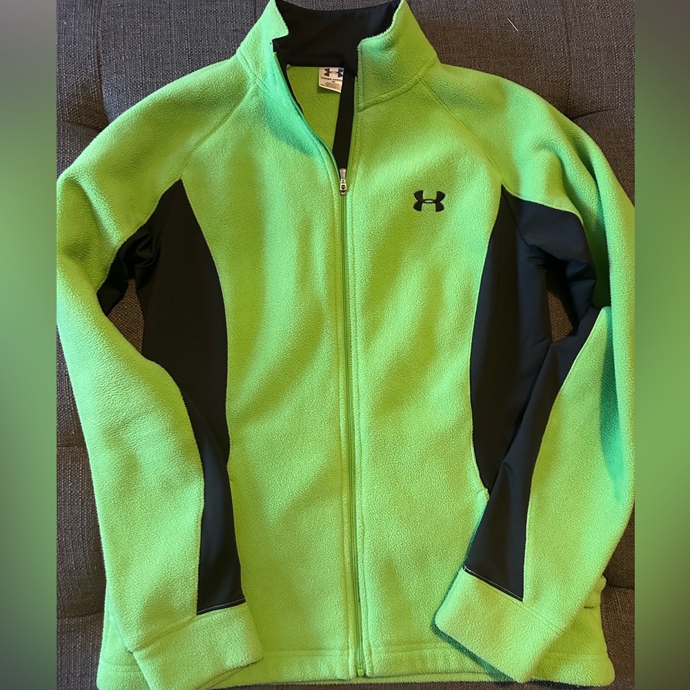 Women’s Under Armour women’s neon green/black fleece zip up sz M, Like New!
